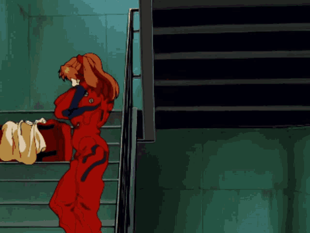 a close up of an anime character with red hair
