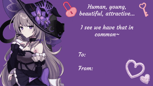 a purple valentine 's day card with a girl in a witch hat