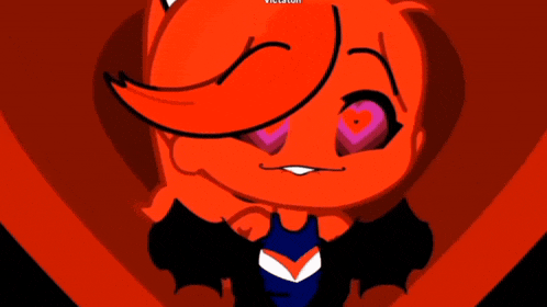 a cartoon character with a heart shaped eye is surrounded by a red heart .