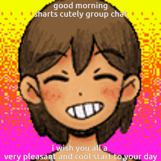 a pixel art of a girl with the words good morning shalts cutely group chat on top