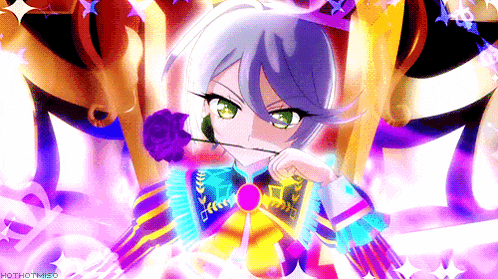 a colorful anime character holding a purple rose with the words hothotmiso at the bottom