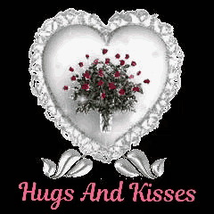 a heart with a bouquet of roses in it and the words hugs and kisses below it .