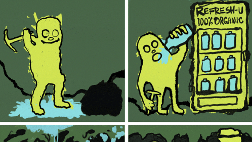 a cartoon of a man drinking from a refresh-u 100 % organic machine