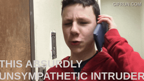 a boy talking on a cell phone with the words this absurdly unsympathetic intruder