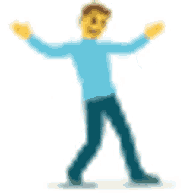 a cartoon man is walking with his arms outstretched and a yellow face .