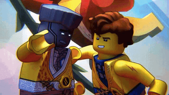 two lego figures are standing next to each other and one has a hammer on his head