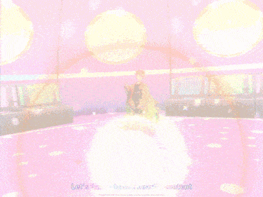 a video game character is dancing with the words let 's dance to our heart 's content above him