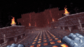 a video game scene with a hand holding a sword