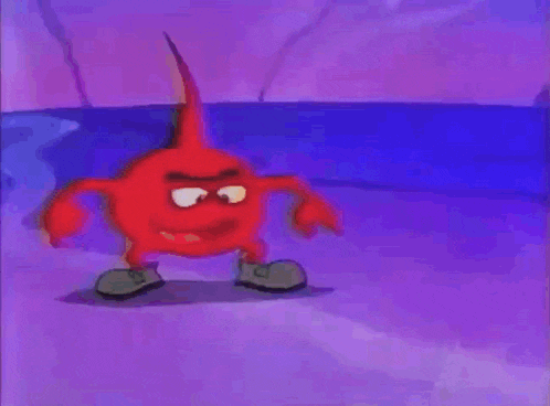 a red cartoon character with a big smile on his face is standing on a purple background .