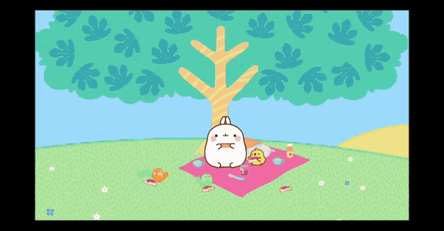 a cartoon of a rabbit sitting on a pink blanket under a tree