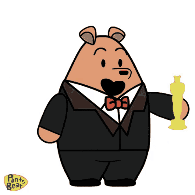 a cartoon of a bear wearing a tuxedo holding an oscar trophy