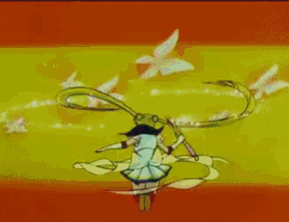 a cartoon of a girl holding a sword with birds flying around her