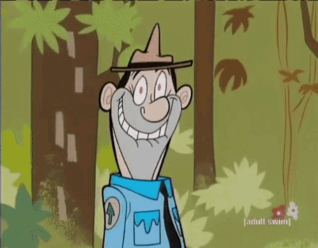a cartoon character is smiling in the woods .
