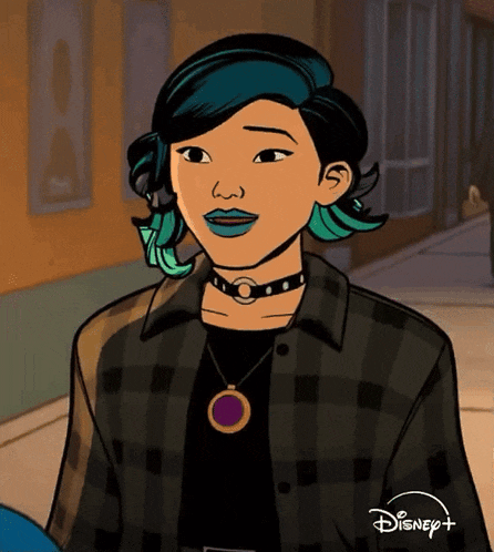 a girl with blue hair is wearing a choker and a plaid shirt with disney + written on the bottom