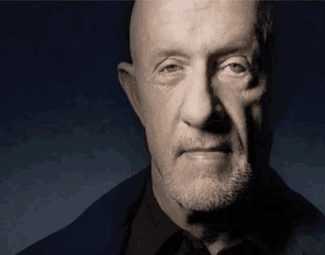 a bald man with a beard and mustache is looking at the camera with a serious look on his face .