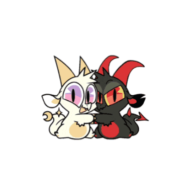 a cartoon drawing of a devil and a white cat hugging each other