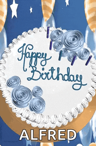 a birthday cake with blue frosting and candles that says happy birthday alfred