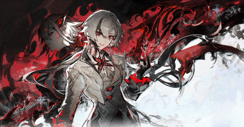 a drawing of a woman with red eyes and a white jacket