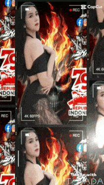a woman in a black dress is standing in front of a fire background that says repub indon hd