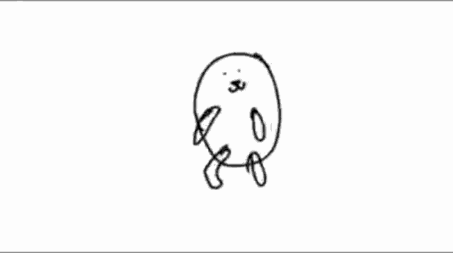 a black and white drawing of a circle with a face and arms .