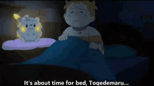 a cartoon of a boy laying in bed next to a stuffed animal that says it 's about time for bed togedemaru