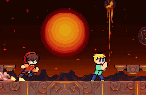 a pixel art of two boys fighting in front of a large sun
