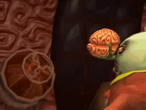 a cartoon character is holding a flower with a brain on it