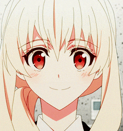 a blonde anime girl with red eyes and a ponytail looks over her shoulder