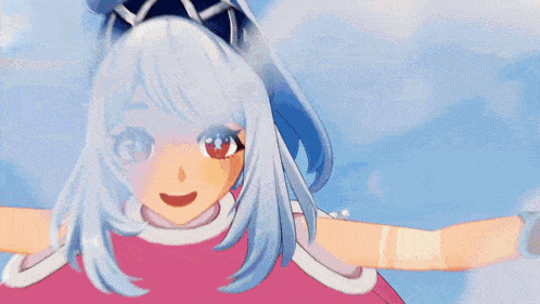 a girl with white hair and blue eyes is wearing a pink dress