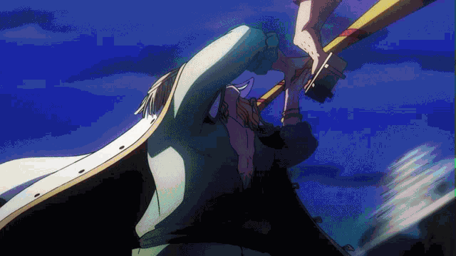 a man in a white cape is holding a large object in his hand