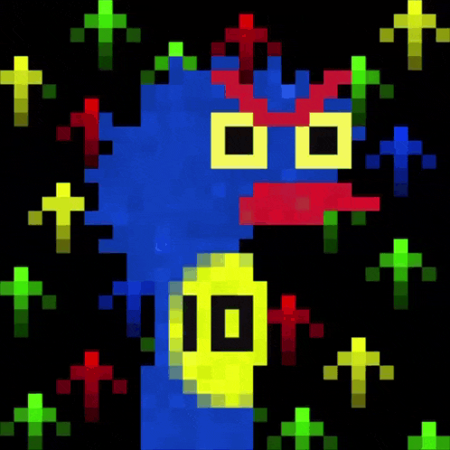 a pixel art of a blue and red monster with the number 10 on it