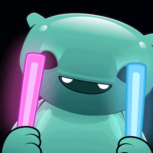 a cartoon character is holding two glowing sticks