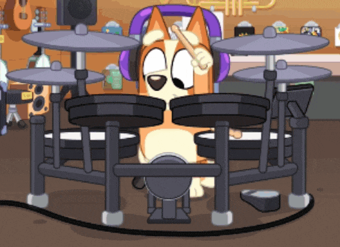 a cartoon dog wearing headphones plays drums