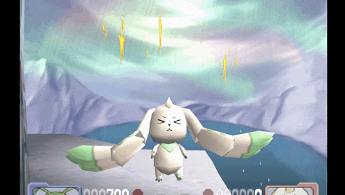 a video game screen shows a white rabbit with green wings and a few numbers including 000700