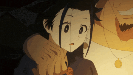 a cartoon character is being held by a man with a necklace on his neck