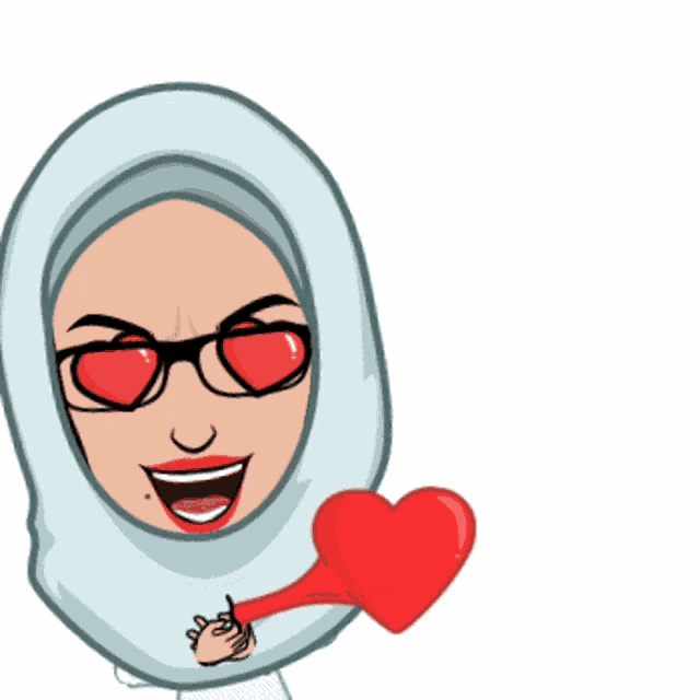 a cartoon of a woman wearing sunglasses and a hijab blowing a red heart