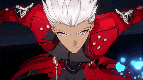 a cartoon character with white hair and red armor