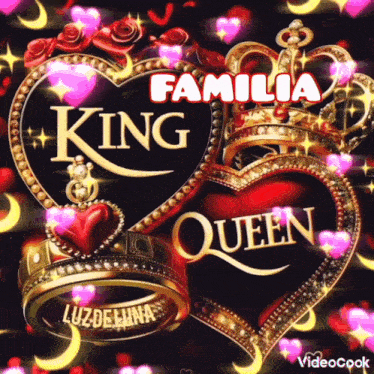 a king and queen heart with crowns and the words familia