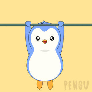 a penguin is hanging upside down on a bar with the word pengu written below it