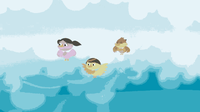 three birds are flying in the sky with clouds behind them