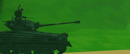 a cartoon drawing of a tank driving on a green field .