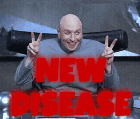 a bald man is giving a peace sign in front of the word new disease