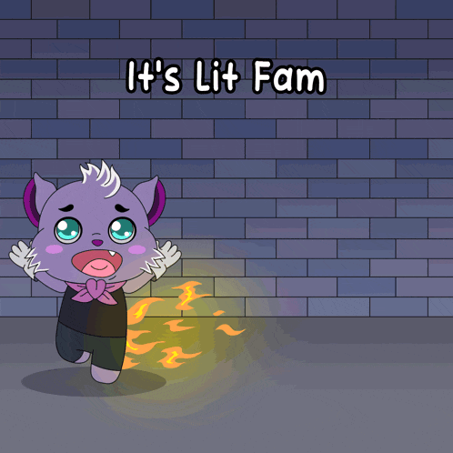 a cartoon drawing of a cat with flames coming out of its butt and the words " it 's lit fam "
