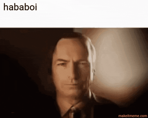 a man in a suit and tie is looking at the camera with the word hababoi below him
