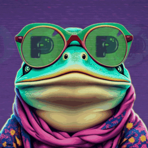 a frog wearing a scarf and sunglasses with the letter p on the lenses
