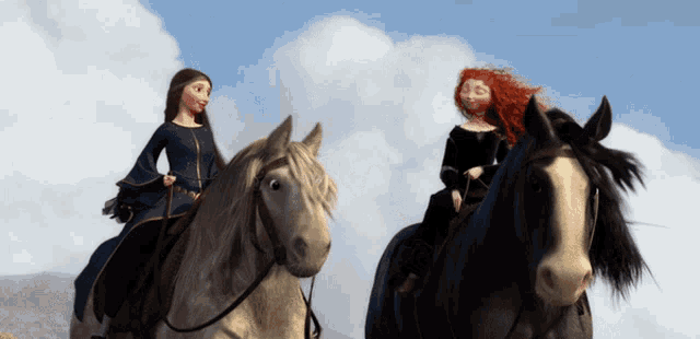 two women are riding horses in a scene from a movie