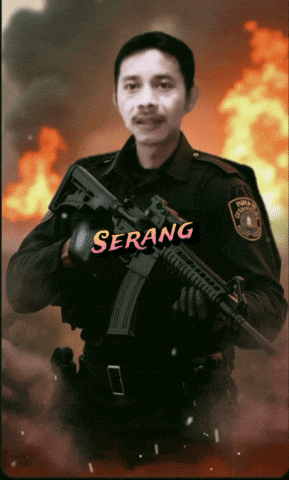 a man in a black uniform holding a gun with the word serang on it
