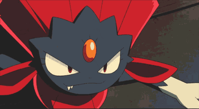 a cartoon drawing of a black cat with red eyes and a yellow circle on its forehead