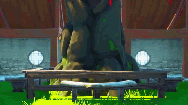 a person in a video game standing next to a tree