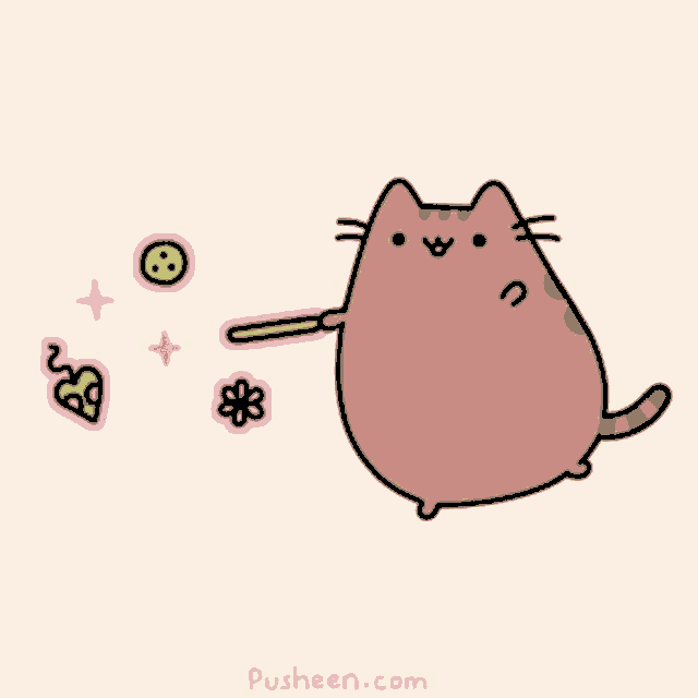 a cartoon of a cat holding a wand with the website pusheen.com below it
